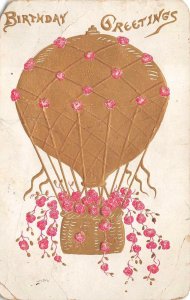 BIRTHDAY GREETINGS BALLOON & FLOWERS AVIATION EMBOSSED POSTCARD 1909