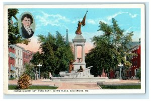 Francis Scott Key Monument, Eutaw Place Baltimore MD. Vintage Antique Postcard 