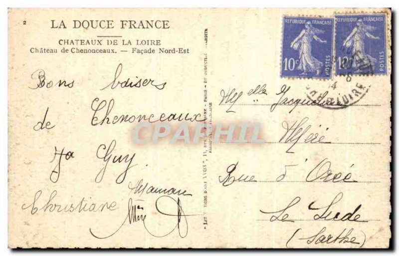Old Postcard La Douce France Chateaux de la Loire Chateau De chenonceaux Faca...