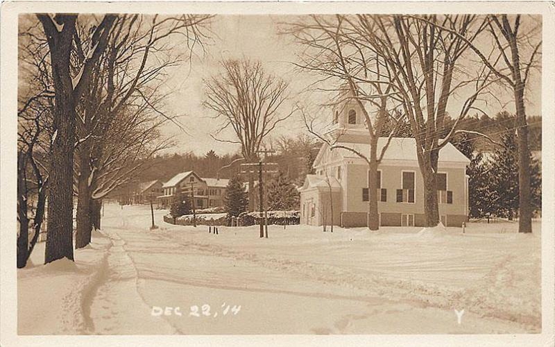 Center Harbor NH Snowy Street Scene Church RPPC Postcard