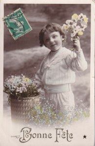 RP: BIRTHDAY PU-1909 Bonne Fete Little Boy holding bouquet of flowers