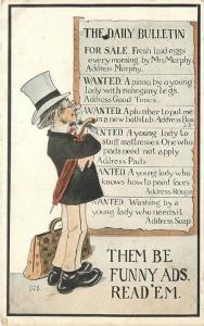 Artist Impression 1913 Daily Bulletin Funny Ads Man suit hat postcard 531