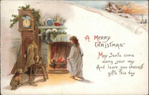 Christmas Little Girl Fireplace Ser 224 Frances Brundage c1910 Postcard