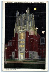 1941 University Hospital Tower At Night State University Iowa City IA Postcard