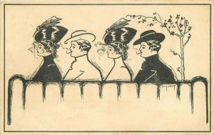 C-1906 Line Art Couples Park Bench Romance Profile Neff Novelty Postcard 8908