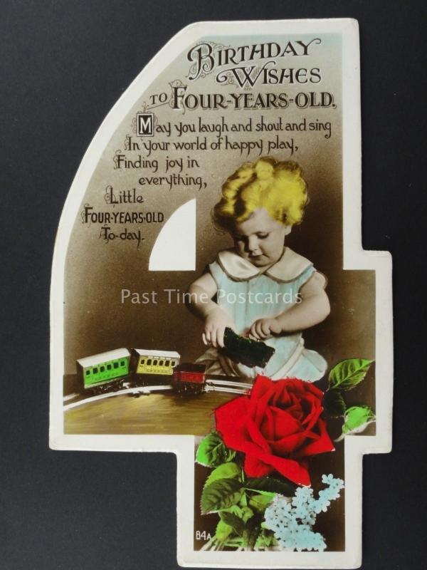 c1930's LITTLE BOY PLAYING WITH TRAIN SET Cut Out Numeral 4th Birthday Postcard