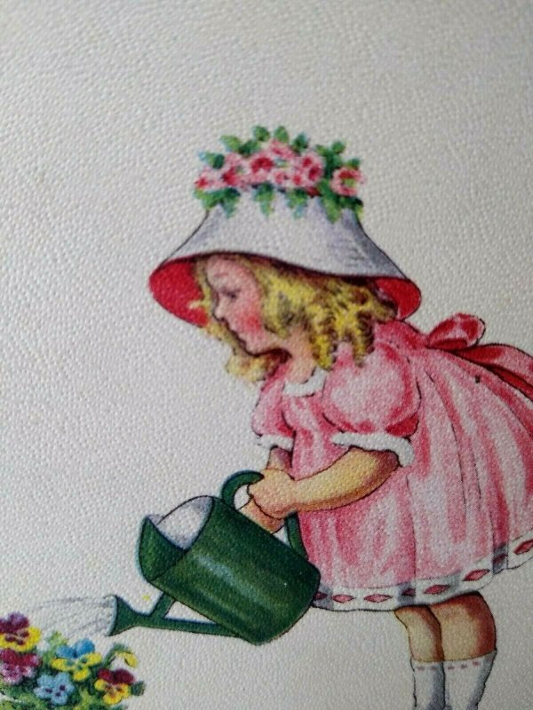 Birthday Postcard Girl Pink Dress Flowers Watering Can Stecher Series 924 A   