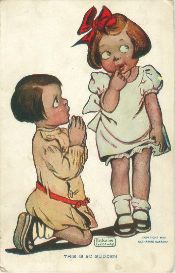 1909 Katharine Gassaway Postcard,  Little Boy On Knees Proposing to Girl Used