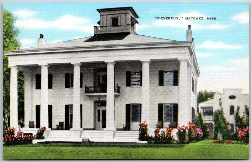 D'Evereux Natchez Mississippi MS Six Fluted Columns Grounds & Flowers Postcard