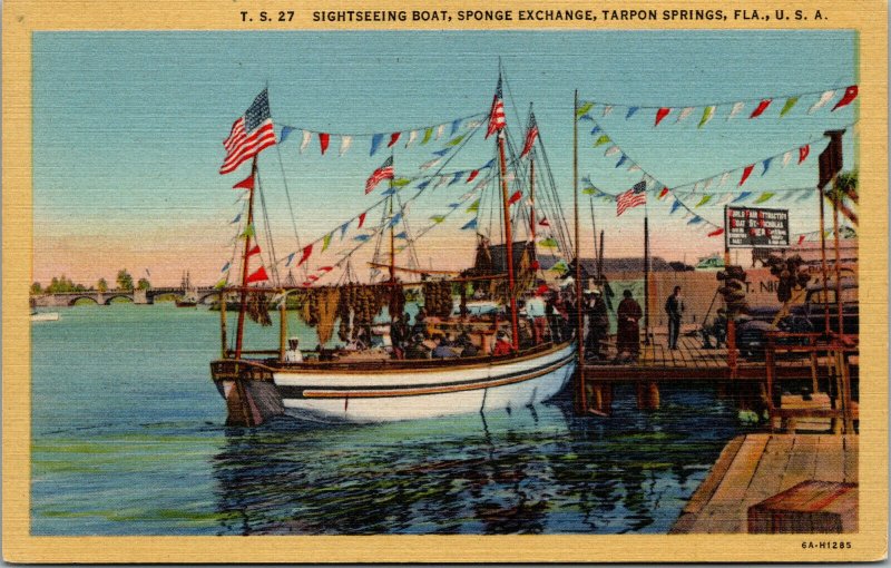 Vtg 1930s Sightseeing Boat Sponge Exchange Tarpon Springs Florida FL Postcard