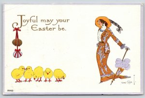 Gene Carr Easter~Orange Lavender Fashion Gal~5 Chicks~Eggs~Embossed~c1913