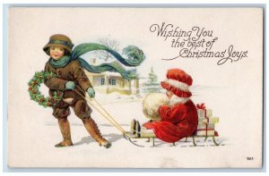 Caldwell Idaho ID Postcard Christmas Children Sled With Gifts Winter 1923 Posted