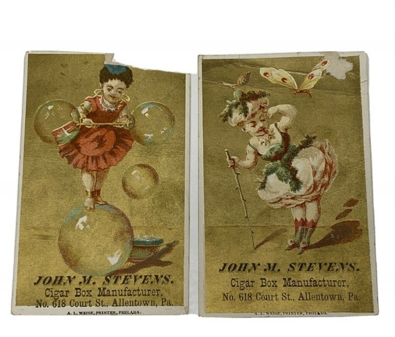 Victorian Trade Card John M Stevens Cigar Box Manufacturer Allentown PA Lot of 2