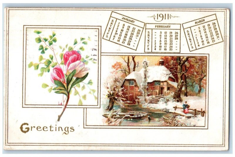 1911 New Year Greetings Flowers House Boat Winter Embossed Roswell NM Postcard