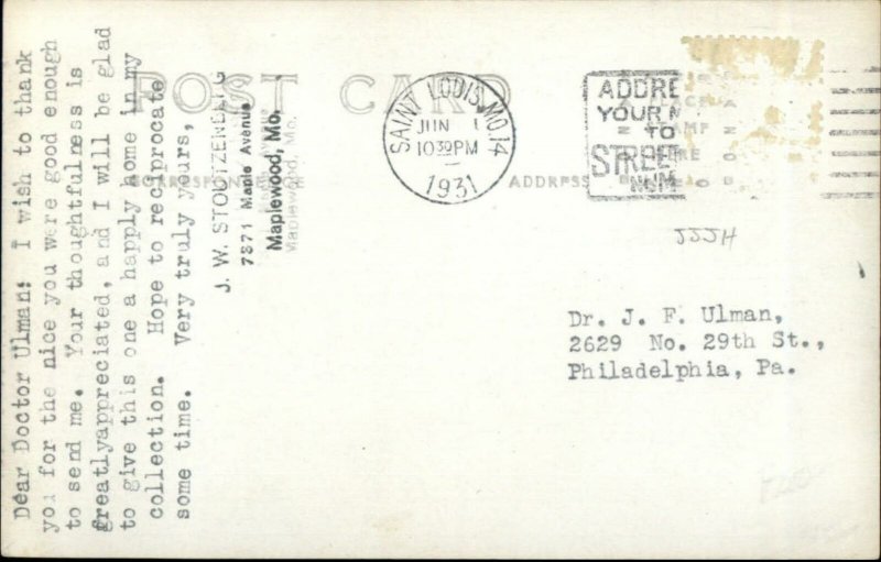 Airplane Patsy Ann Chaffee & Brewster From Maplewood MO 1931 RPPC G19