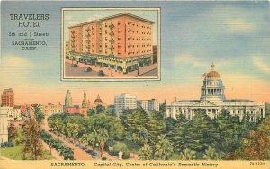 California Sacramento Travelers Hotel 1955 Teich linen Postcard roadside 22-1542