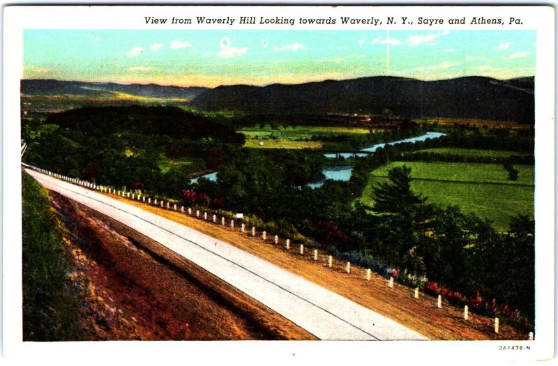 VINTAGE POSTCARD VIEW FROM WAVERLY HILL TOWARDS WAVERLY NEW YORK