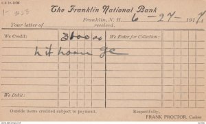 Franklin National Bank , FRANKLIN , New Hampshire , 1901-07 ; Receipt Postcard