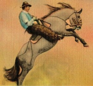 Vintage 1951 Postcard Arthur Chapman Poem Western Cowboy on Bucking Bronco