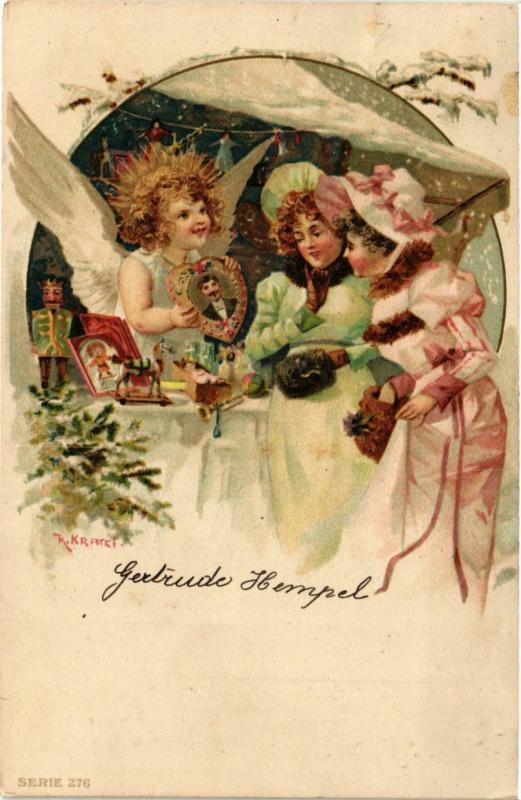 CPA Angels with Presents and Young Ladies – Christmas – Litho ANGELS (777504)