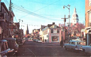 Annapolis MD Main Street & State House Storefronts Old Cars, Postcard