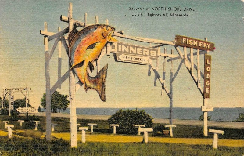 FISH FRY LODGE Lake Superior Duluth, MN Roadside c1940s Linen Vintage Postcard