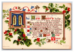 Glad New Years Bells Holly Berries Calligraphy DB Postcard A16