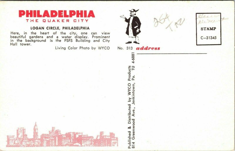 Philadelphia Logan Circle Pennsylvania Water Display PSFS Building VTG Postcard 