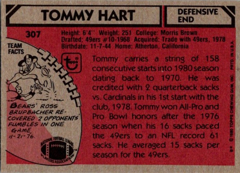 1980 Topps Football Card Tommy Hart DE Chicago Bears sun0230