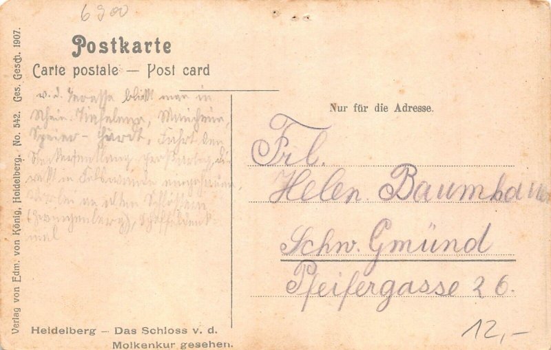 Germany Heidelberg Castle view from Molkenkur vintage postcard
