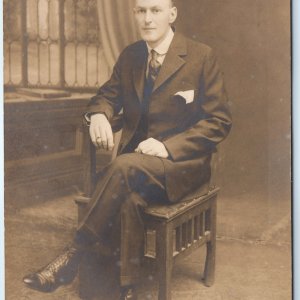 c1910s Dapper Young Man Suit Tie Pin Ring RPPC Portrait Stained Glass Cyko Photo