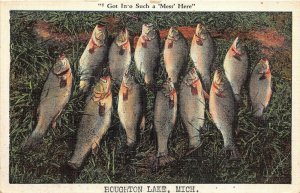 Houghton Lake Michigan 1940s Postcard Got In Such A Mess Fish On Grass Shore