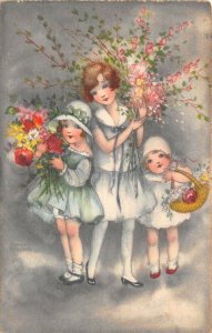 Lot124 painting postcard girls with flower romania signed hannes petersen