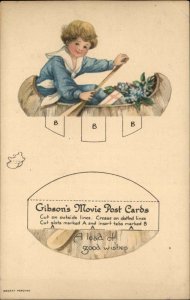 Gibson's Movie Postcards Boy in Canoe Cut-Out Mechanical c1915 Postcard