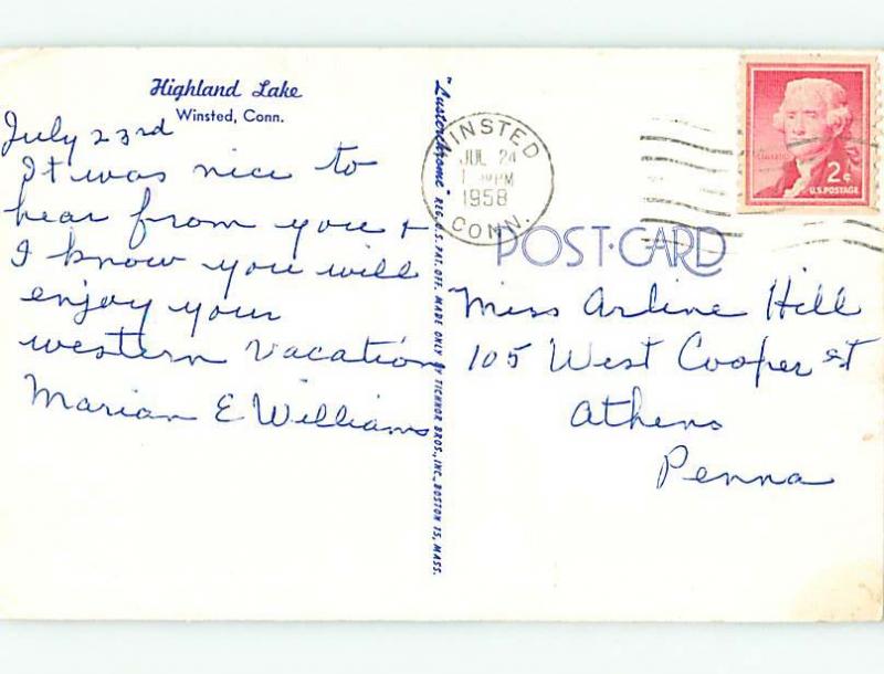 1958 Boat & Cottage On Highland Lake Winsted Connecticut CT t5403
