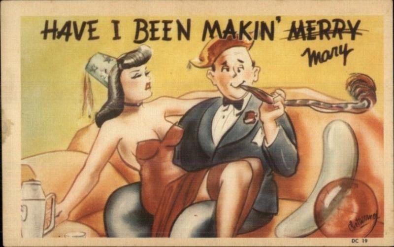 Sexy Woman on Man's Lap HAVE I BEEN MAKIN MARY/MERRY Innuendo Postcard