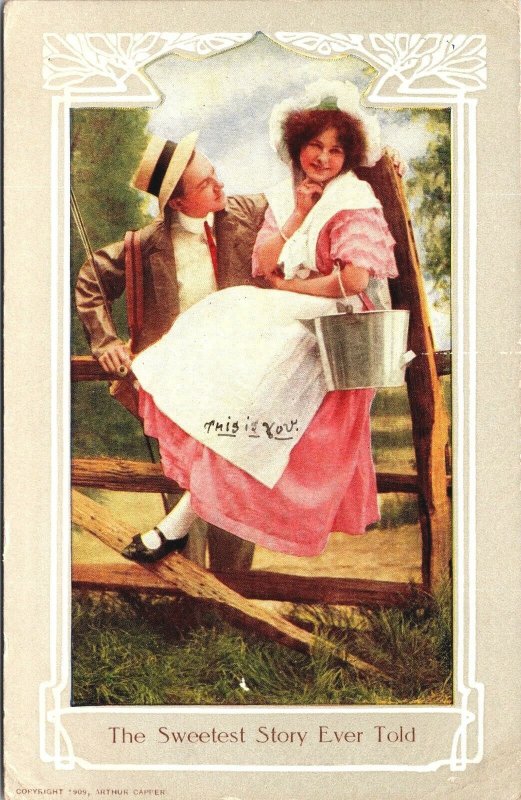 Vintage  Milk Maid Suitor Straw Hat Bonnet Valentine Postcard  - A7