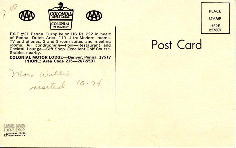 PA - Denver. Colonial Motor Lodge