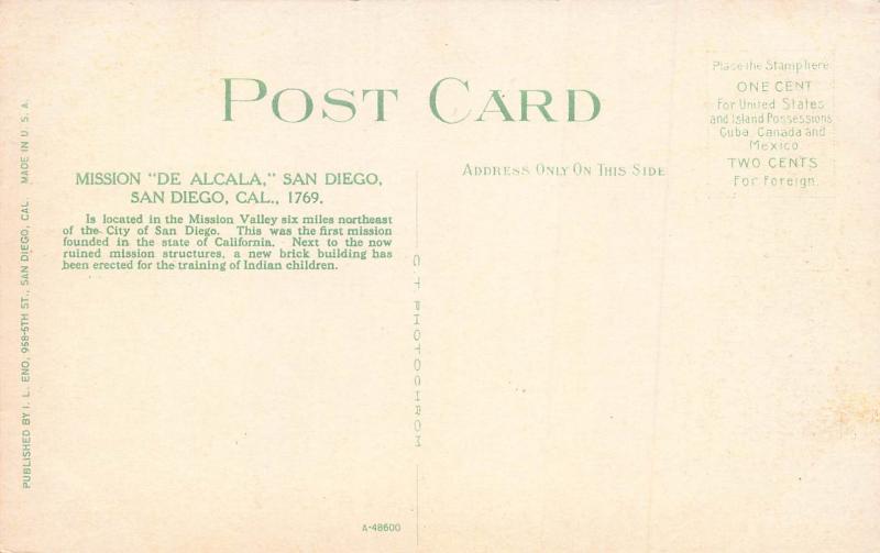 Mission De Alcala, San Diego, California, Early Postcard, Unused