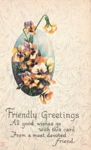 Vintage Postcard Friendly Greetings All Good Wishes Pansies Bouquet Of Flowers