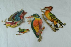 Lot of 4 Victorian Die-Cut Wild-Birds Vibrant & Colorful Fabulous! F71