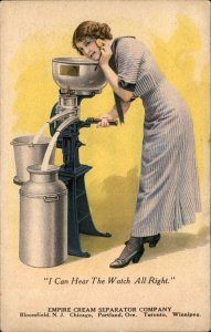 Woman Demonstrates Quiet Machine Empire Cream Separator Co Vintage Postcard