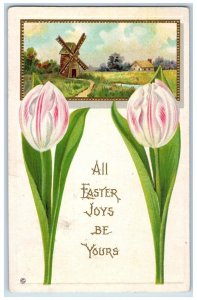 1913 Easter Joys Flowers Windmill House Art Nouveau Embossed Antique Postcard