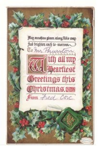 With All My Heartiest Greetings This Christmas, Holly, 1910 Embossed Postcard