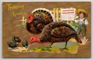 Thanksgiving Proclamation Greetings Turkeys Boy Straw Hat Postcard K29