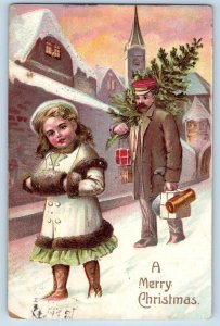 Christmas Postcard Children Handwarmer Man With Pine Tree Winter Scene Rahway NJ