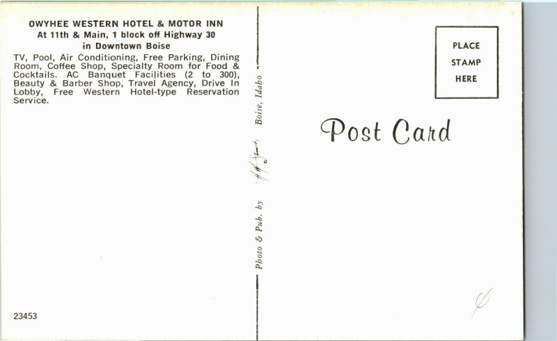 Owyhee Western Hotel & Motor Inn, 11th & Main Boise ID Vintage Postcard C54