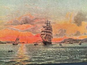 Postcard View of Tall Ship through Golden Gate in San Francisco, CA.     U1