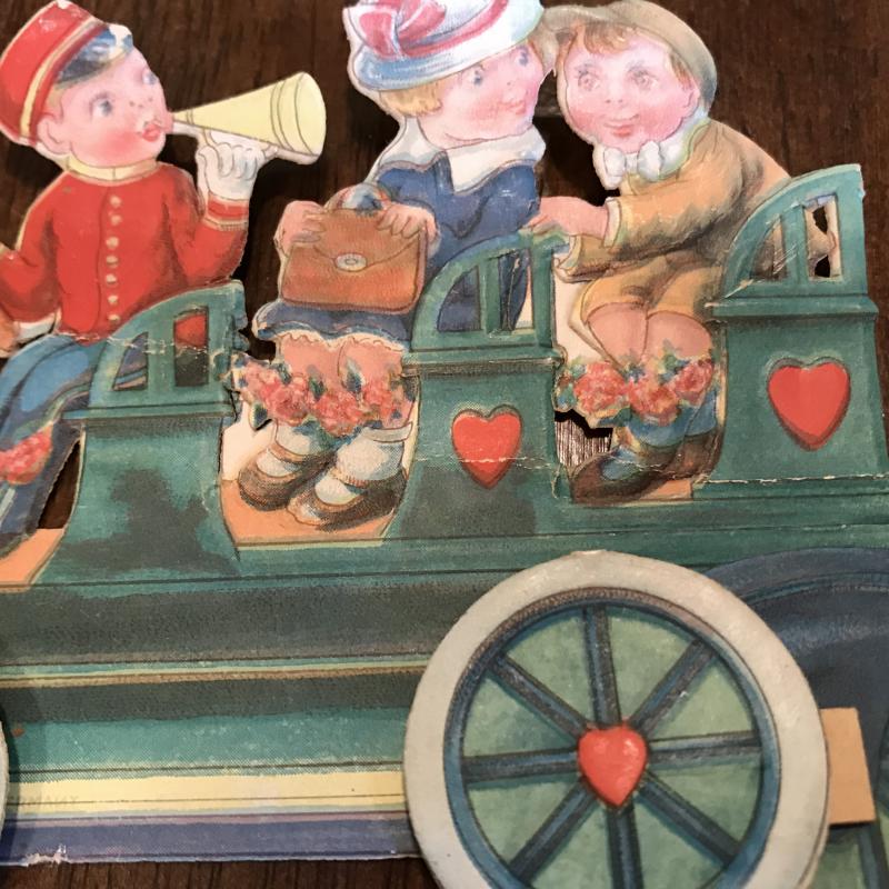 2 Small Valentines: Gibson Hinged Heart w/ Dog & Bird + Stand-Up Car