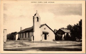 View of Catholic Church, Clare MI Vintage Postcard E48